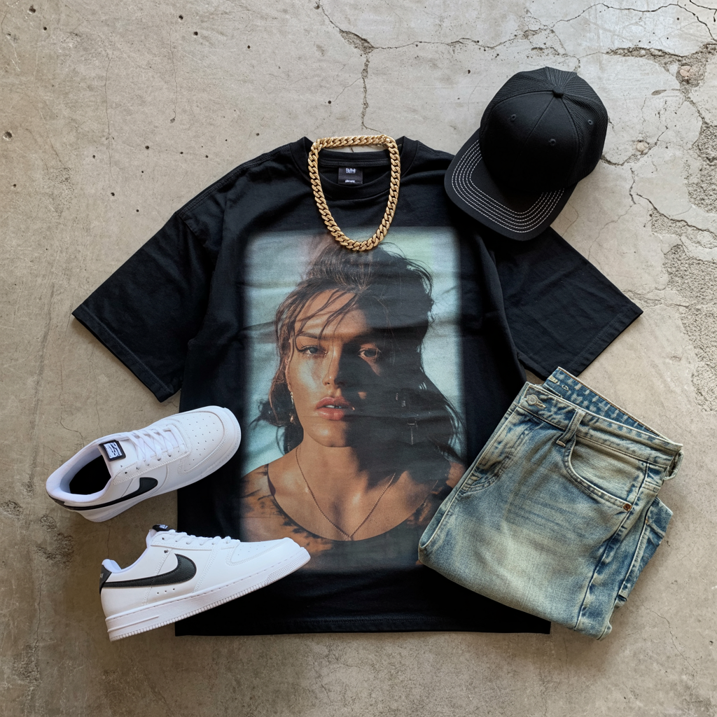 Streetwear outfit flat lay with graphic tee, sneakers, and gold accessories