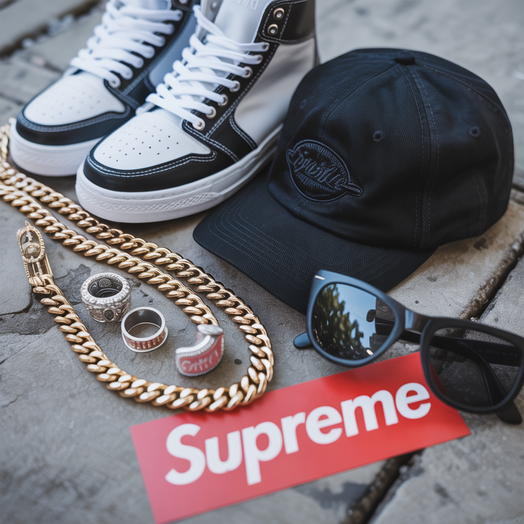 Streetwear accessories close-up with sneakers, chains, and caps